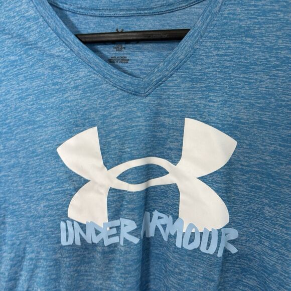 Under Armour T-Shirt Women M V-Neck Blue Logo Tee Athletic Gym Running Core - Picture 2 of 10